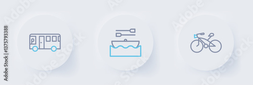 Set line Bicycle, Boat with oars and Bus icon. Vector
