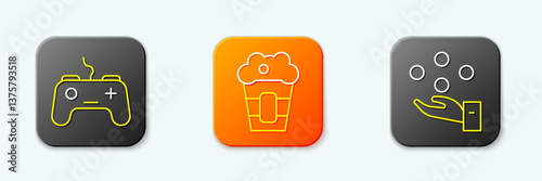 Set line Gamepad, Popcorn in box and Juggling ball icon. Vector