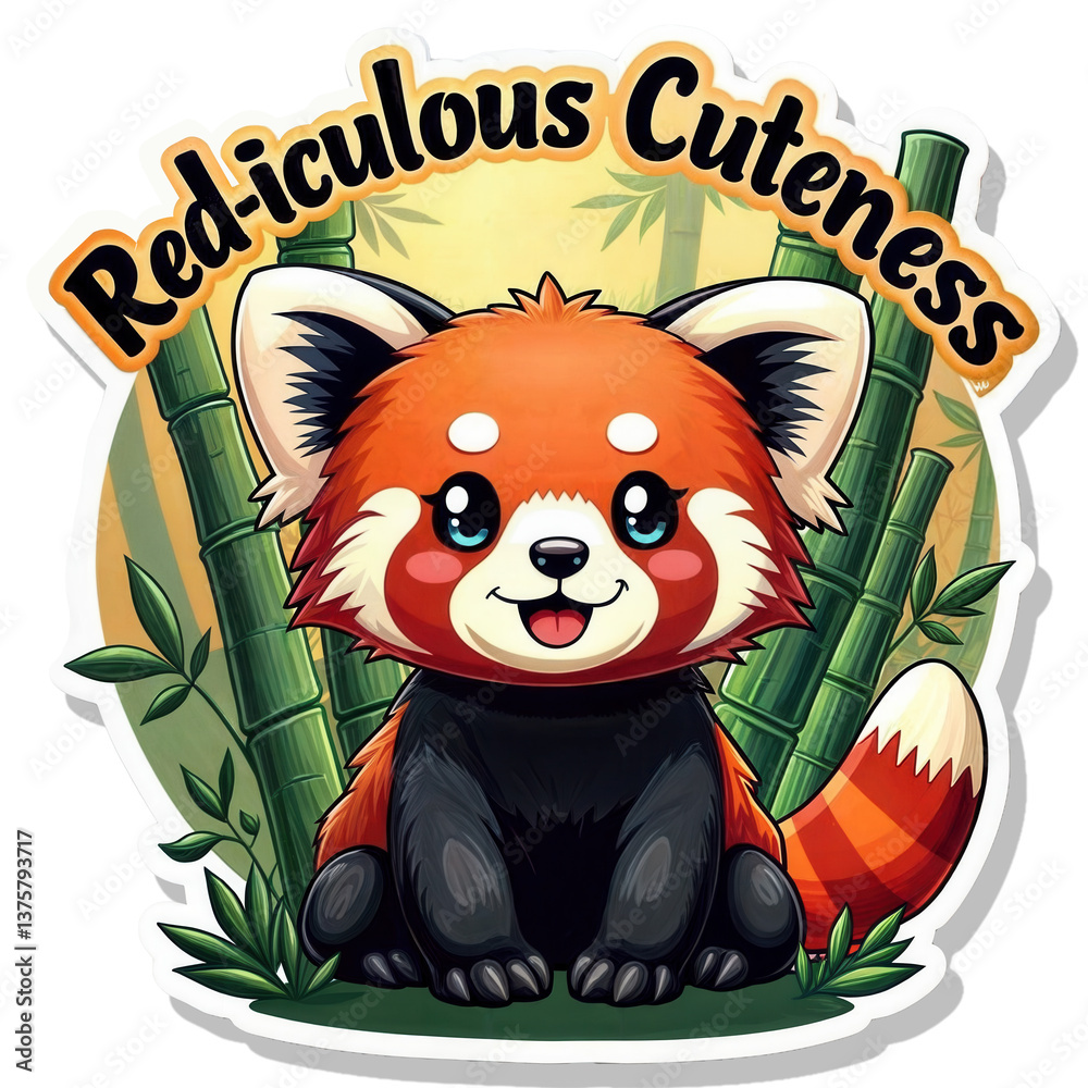 a cute red panda sitting in front of bamboo plants. Above the panda, the text