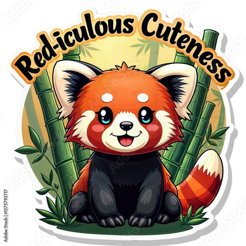 Obraz na płótnie a cute red panda sitting in front of bamboo plants. Above the panda, the text