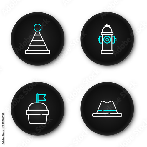 Set line Man hat with ribbon, Cake, Fire hydrant and Party icon. Vector