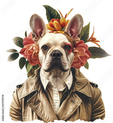 a French Bulldog wearing a stylish tan trench coat and a floral headband adorned with vibrant orange and red flowers. The background is a transparent.