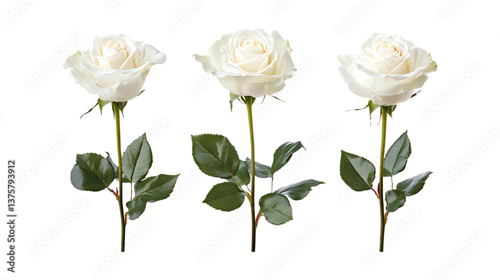 Obraz premium Bouquet of White Roses Set of Three Different Poses on Transparent Background for Floral Design, Wedding Decoration, or Gift Promotion