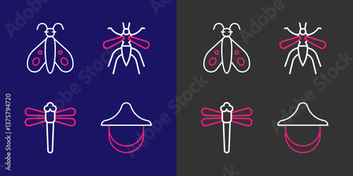 Set line Beekeeper hat, Dragonfly, Mosquito and Butterfly icon. Vector