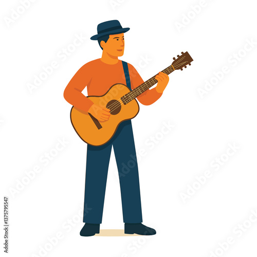Vector illustration of male and female musicians playing acoustic guitar, wearing hats and casual clothes – artistic characters for music, creativity, or street performance themes
