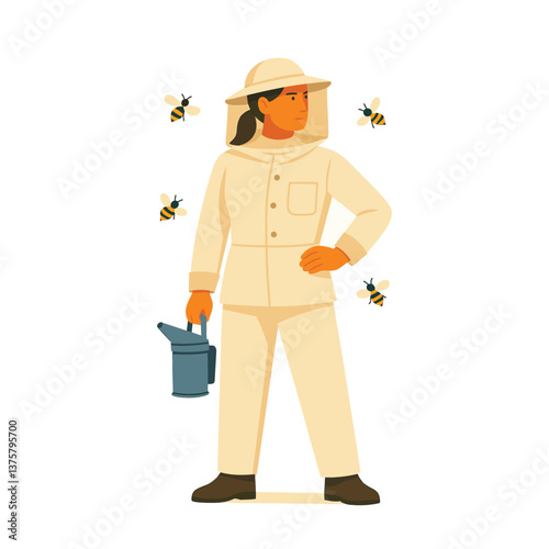 Vector illustration of male and female beekeepers in protective suits holding a smoker, surrounded by bees – perfect for agriculture, farming, and environmental concepts