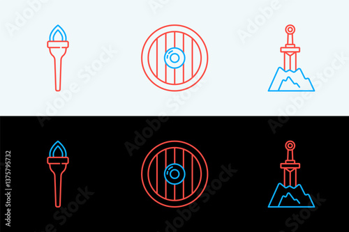 Set line Sword in the stone, Torch flame and Round wooden shield icon. Vector