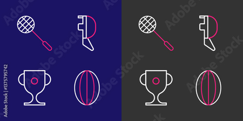 Set line Rugby ball, Award cup, Fencing helmet mask and Tennis racket icon. Vector