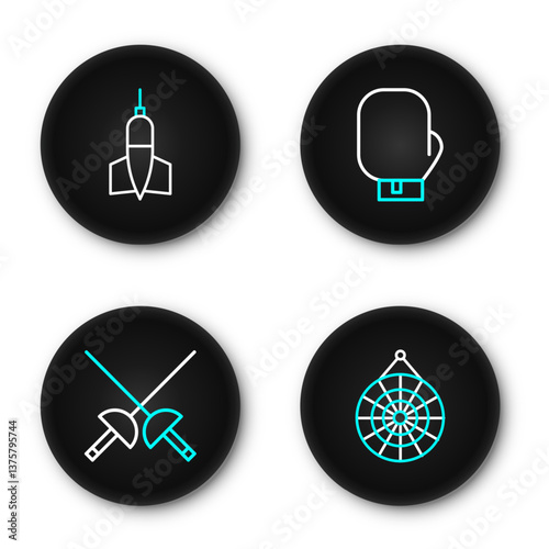 Set line Classic dart board, Fencing, Boxing glove and Dart arrow icon. Vector