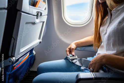 Female passenger fastening seatbelt on airplane seat for safety during flight photo