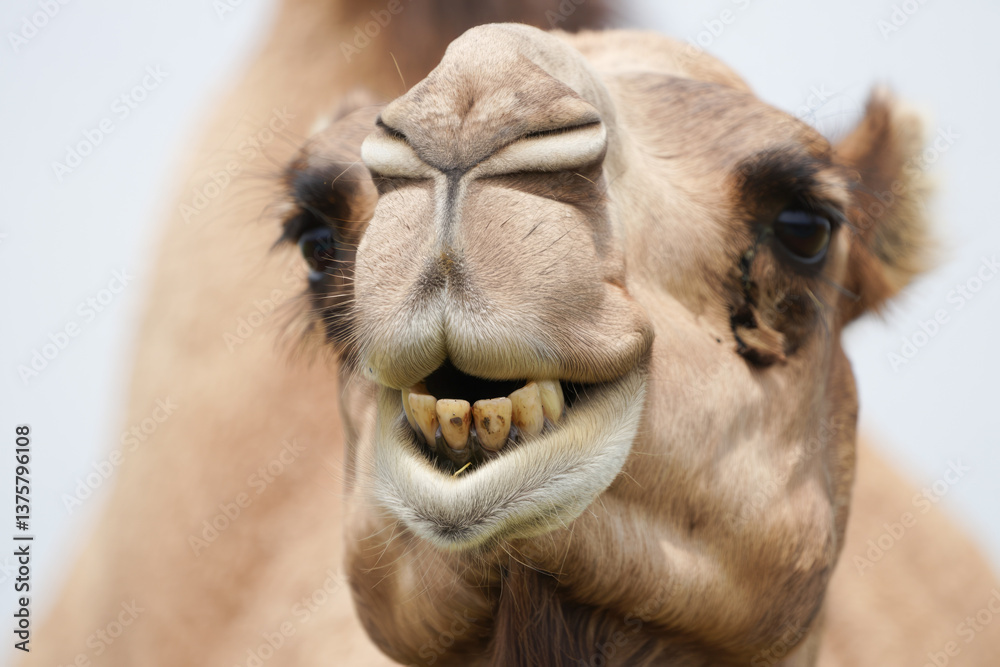 Fototapeta premium Close-up of a smiling camel with prominent teeth in desert setting