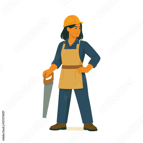 Vector illustration of male and female carpenters in workwear holding tools – ideal for construction, craftsmanship, and skilled trades themes