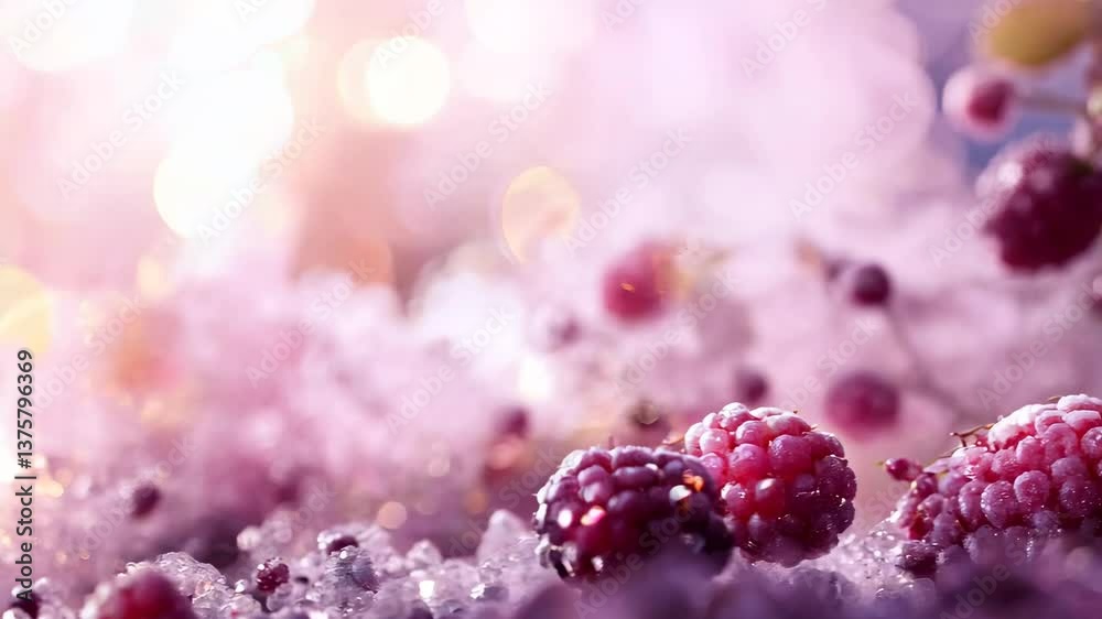 A close-up of frozen raspberries lying delicately on a frost-covered surface, bathed in dreamy pink and purple hues with soft bokeh lighting. The image evokes a sense of freshness and natural beauty A close-up of frozen raspberries lying delicately on a frost-covered surface, bathed in dreamy pink and purple hues with soft bokeh lighting. The image evokes a sense of freshness and natural beauty