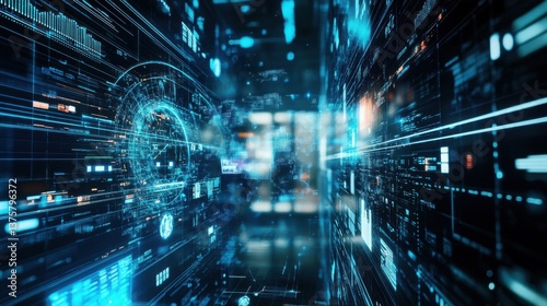 A futuristic digital landscape featuring streams of data and glowing blue lines, creating a sense of depth and technological advancement.