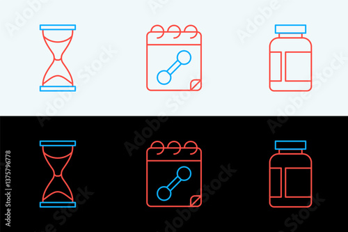 Set line Sports nutrition, Old hourglass and Calendar fitness icon. Vector