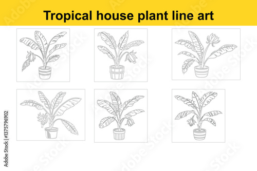 Tropical house plant, large green leaves, banana tree, potted plant, beige ceramic pot, minimalist illustration, vector art style, vibrant green foliage, indoor plant, botanical decor, clean lines