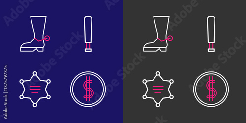 Set line Coin money with dollar, Hexagram sheriff, Baseball bat and Cowboy boot icon. Vector