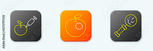Set line Genetically modified apple, and Microorganisms under magnifier icon. Vector