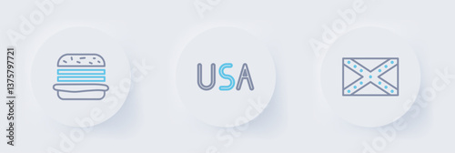 Set line Flag Confederate, USA label and Burger icon. Vector