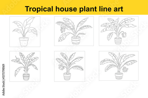 Tropical house plant, large green leaves, banana tree, potted plant, beige ceramic pot, minimalist illustration, vector art style, vibrant green foliage, indoor plant, botanical decor, clean lines