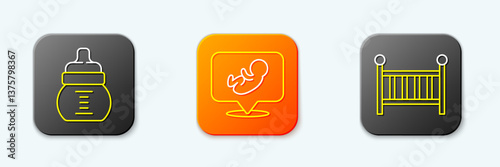 Set line Baby bottle, and crib cradle icon. Vector