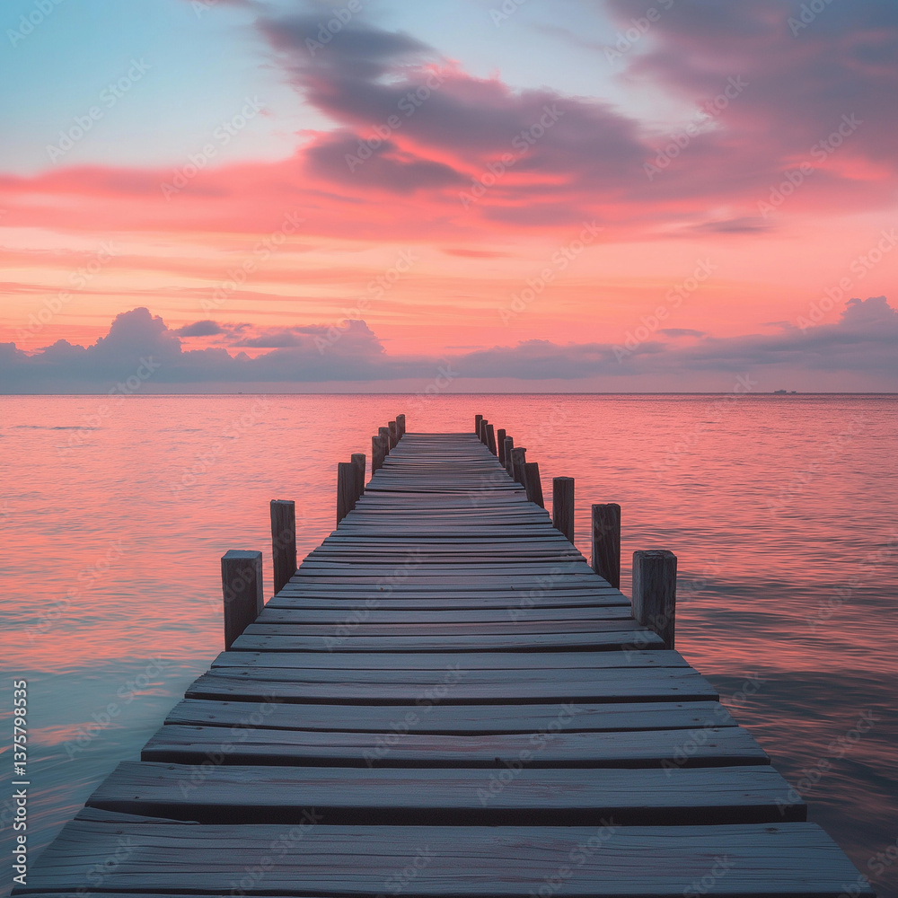 Fototapeta premium A peaceful wooden pier extending into a vast ocean
