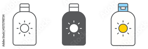 Sunscreen icon collection, SPF and sunblock, sun lotion vector icon set, vector graphics, editable stroke outline sign, eps 10