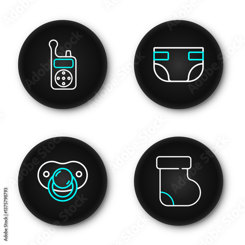Set line Baby socks clothes, dummy pacifier, absorbent diaper and Monitor Walkie Talkie icon. Vector