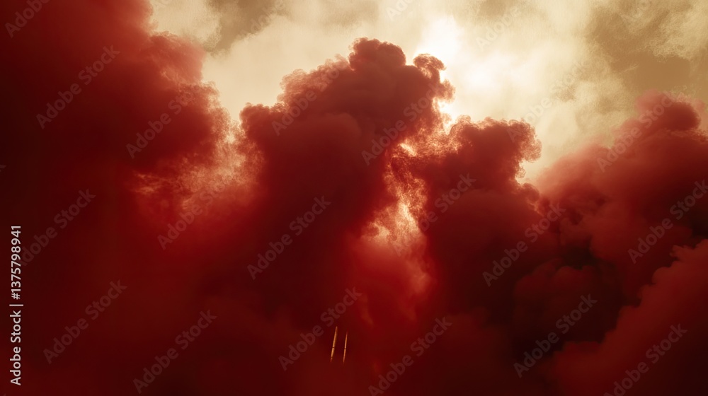 Fototapeta premium Red smoke plume, rocket launch, daytime sky, dramatic background, science fiction imagery
