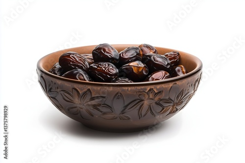A ceramic bowl filled to the top with dates isolated on a white background