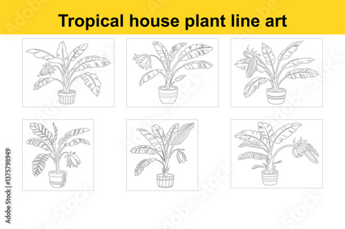 Tropical house plant, large green leaves, banana tree, potted plant, beige ceramic pot, minimalist illustration, vector art style, vibrant green foliage, indoor plant, botanical decor, clean lines