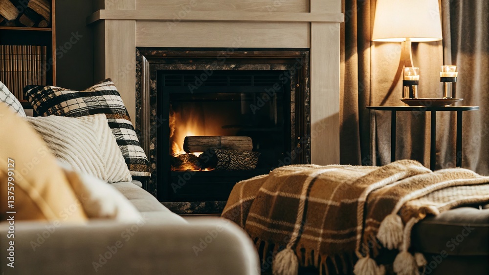 Fototapeta premium Cozy Living Room with Fireplace and Soft Blankets – Warm and Inviting Atmosphere - 43