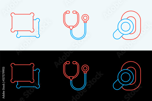 Set line Hearing aid, Pillow and Stethoscope icon. Vector