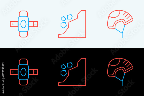 Set line Helmet, Knee pads and Landslide icon. Vector