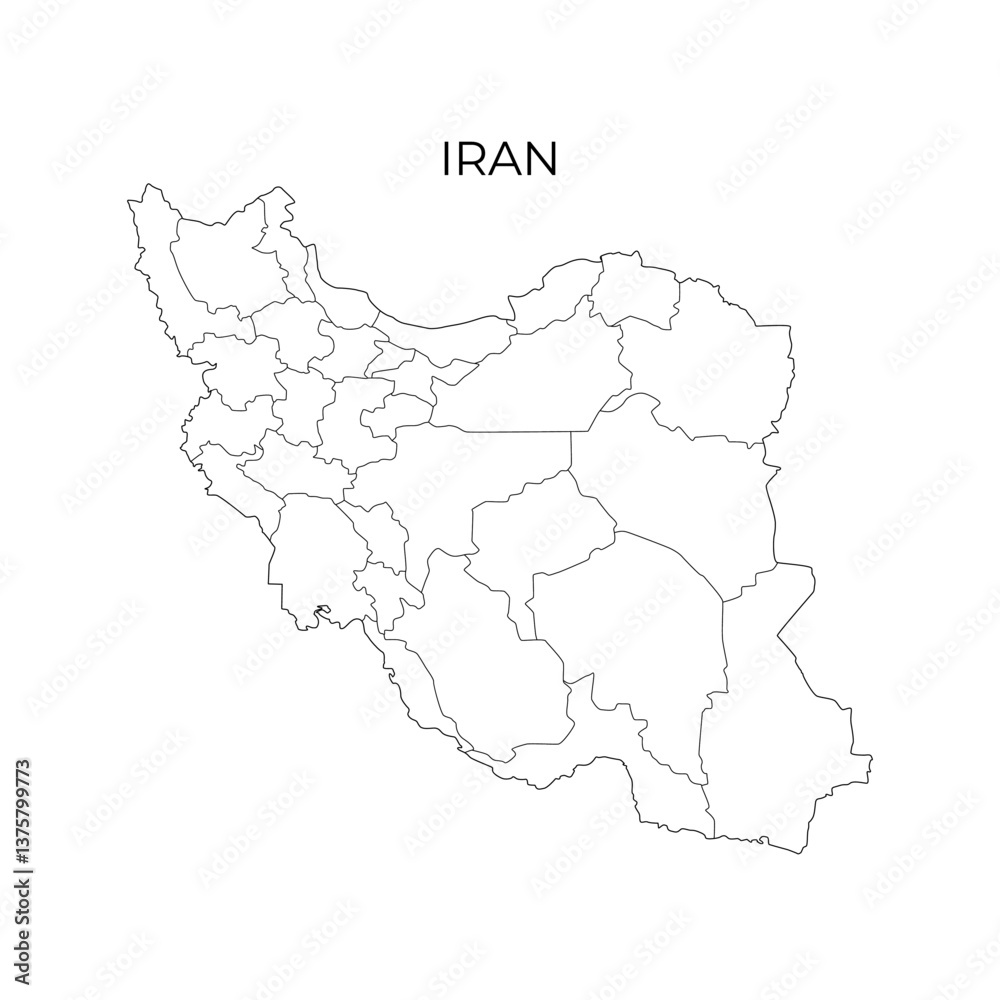 A detailed black and white vector map outline of Iran, showing its internal provincial divisions and geographic boundaries A detailed black and white vector map outline of Iran, showing its internal provincial divisions and geographic boundaries