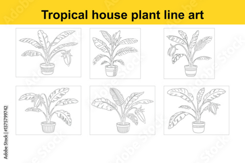 Tropical house plant, large green leaves, banana tree, potted plant, beige ceramic pot, minimalist illustration, vector art style, vibrant green foliage, indoor plant, botanical decor, clean lines