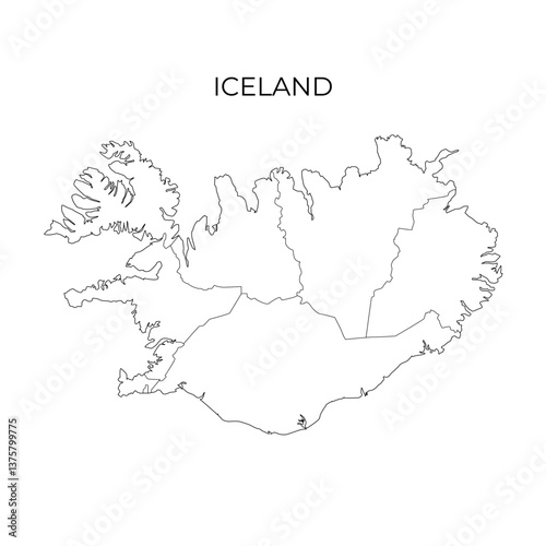 A clean black and white vector map outline of Iceland, showing its internal regional divisions and coastal borders