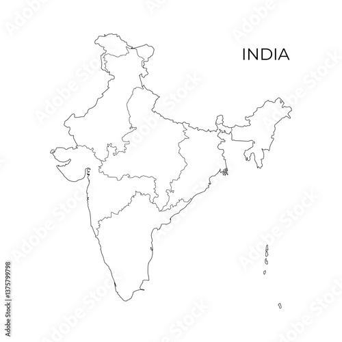 A detailed black and white vector map outline of India, showing its states, union territories, and geographical borders