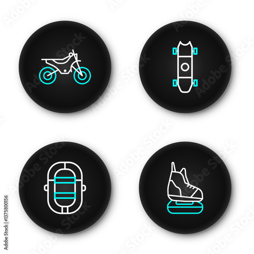 Set line Skates, Rafting boat, Longboard or skateboard and Mountain bike icon. Vector