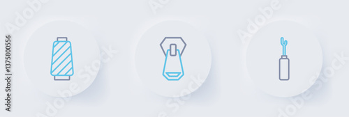 Set line Awl tool, Zipper and Sewing thread on spool icon. Vector