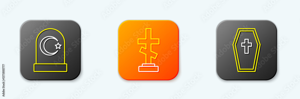 Obraz premium Set line Muslim cemetery, Grave with cross and Coffin icon. Vector