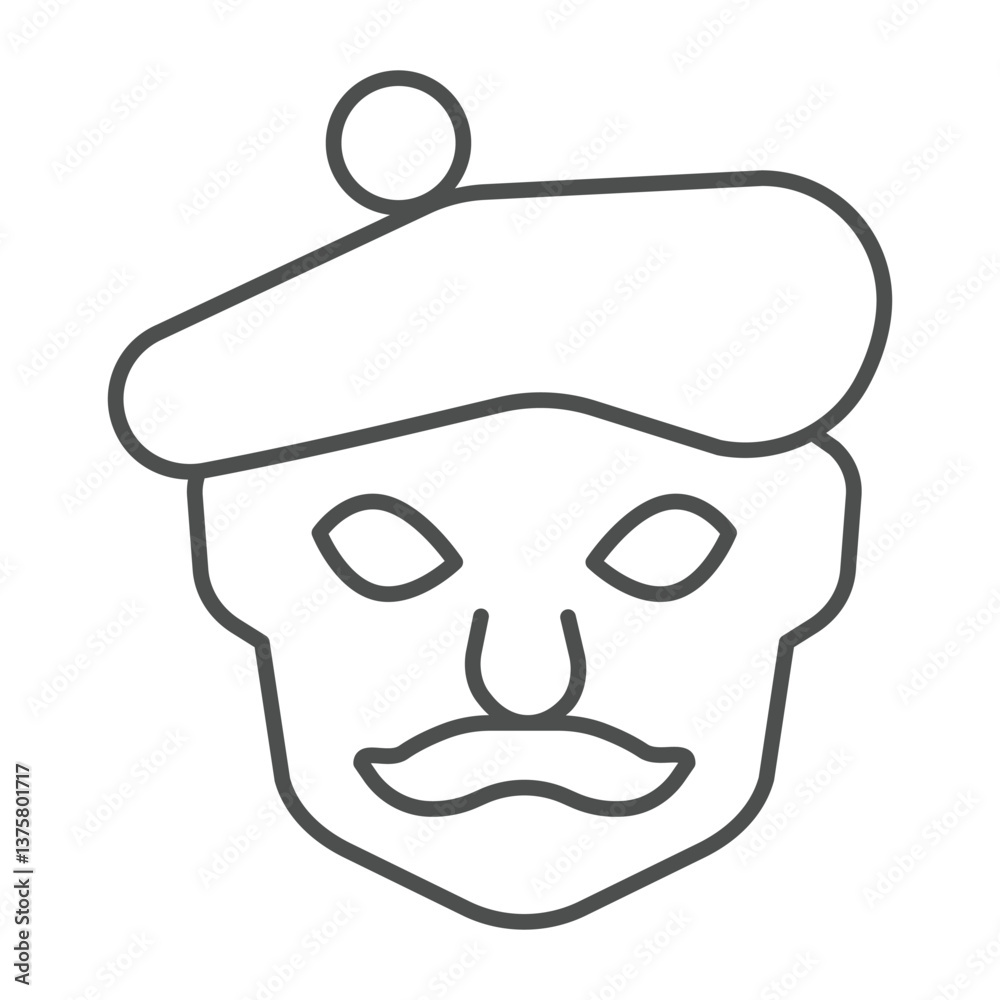 Artist man head with hat thin line icon, exhibition concept. Vector graphics. Face of artist, public person sign on white background, outline style icon for mobile or web design. Artist man head with hat thin line icon, exhibition concept. Vector graphics. Face of artist, public person sign on white background, outline style icon for mobile or web design.