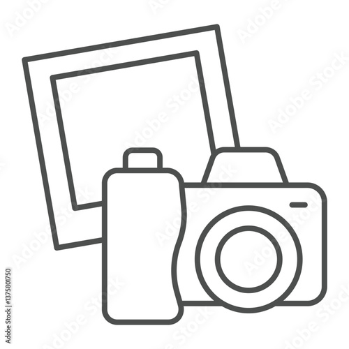 Camera with photo paper thin line icon, exhibition concept. Vector graphics. Photo camera shot, photography sign on white background, outline style icon for mobile or web design.