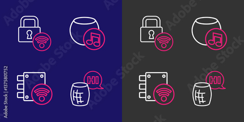 Set line Voice assistant, Digital door lock, and icon. Vector