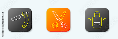Set line Straight razor, Scissors hairdresser and Barber apron icon. Vector