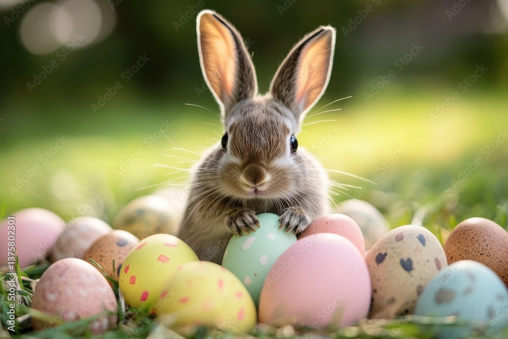 Adorable rabbit surrounded by festive Easter eggs in a lush garden setting, symbolizing springtime joy and celebration. Adorable rabbit surrounded by festive Easter eggs in a lush garden setting, symbolizing springtime joy and celebration.