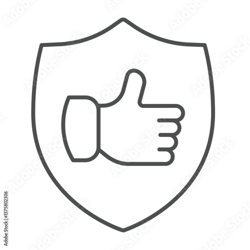 Shield with thumb up hand thin line icon, black friday concept. Vector graphics. Positive feedback emblem sign on white background, outline style icon for mobile or web design.