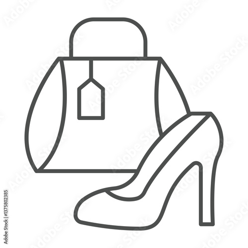 Shoe and handbag with price tag thin line icon, black friday concept. Vector graphics. Woman footwear and bag, shopping sign on white background, outline style icon for mobile or web design.