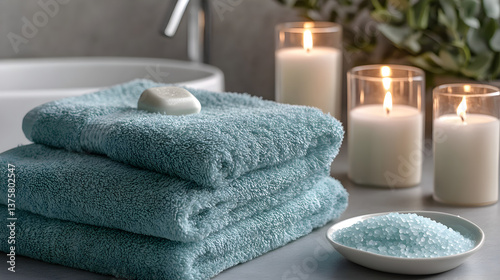 bath scene with candles lit, soft towels, and calming bath salts, creating a peaceful environment to unwind and relax slowly 