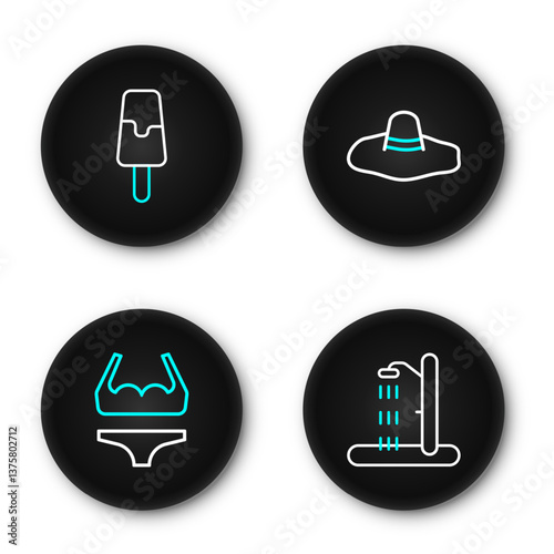 Set line Beach shower, Swimsuit, Elegant women hat and Ice cream icon. Vector